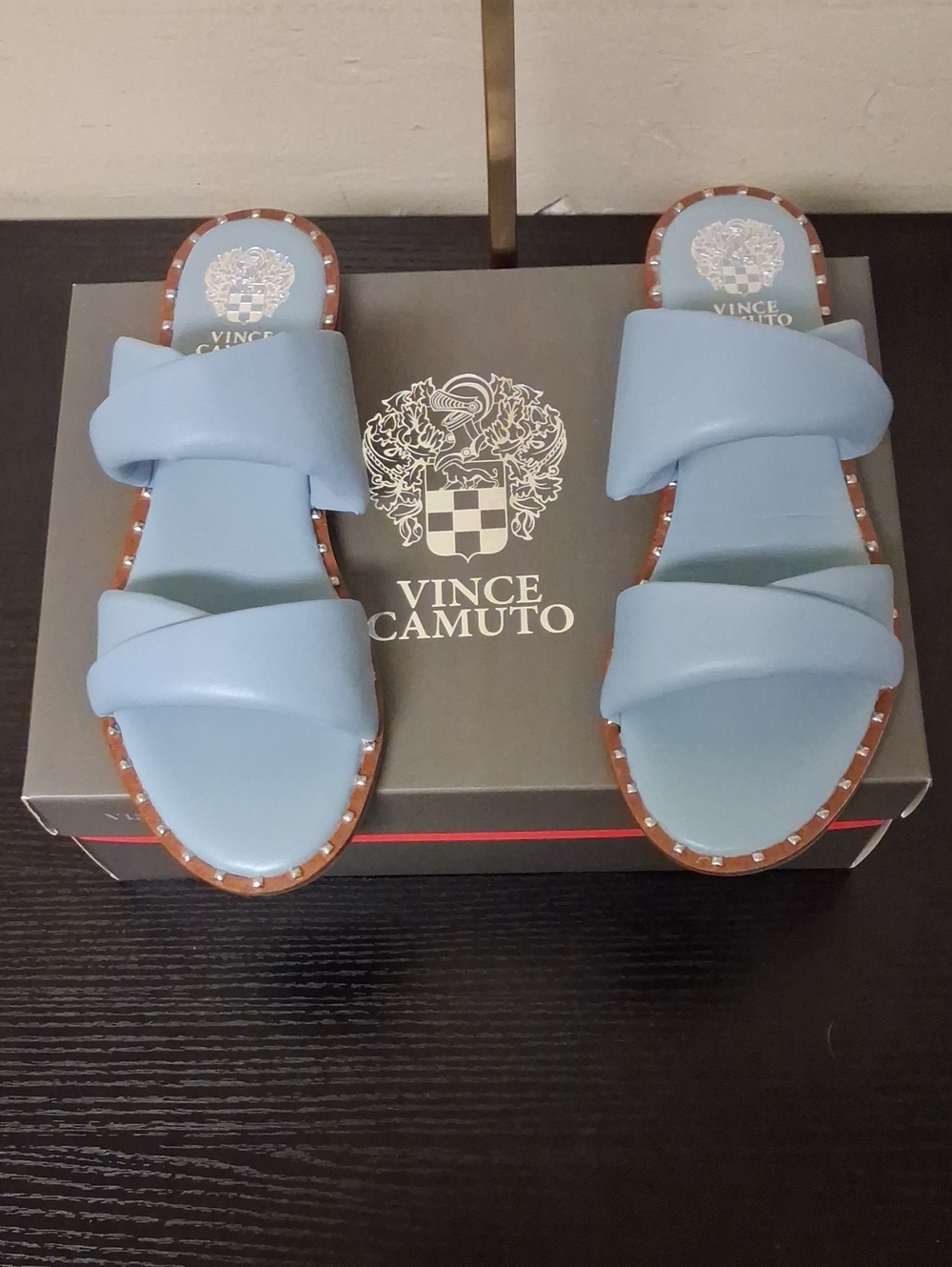Vince Camuto Light Blue Crisscross Studded Slide Sandals Size 7.5